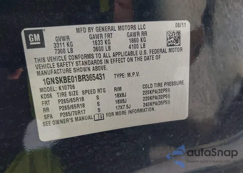 2011 Chevrolet Tahoe Lt from USA, damaged, VIN 1GNSKBE01BR365431